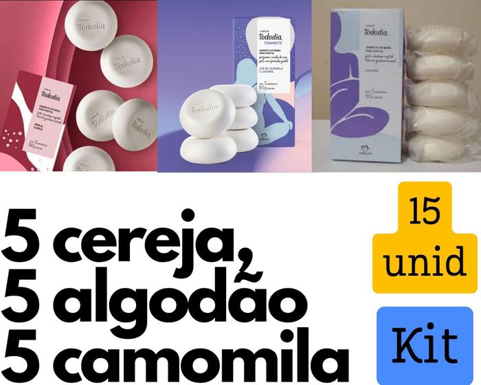 Imagem de Kit 3 caixas de sabonete Cereja, Algodão e Camomila - Total 15 unidades - Mais vendido economia