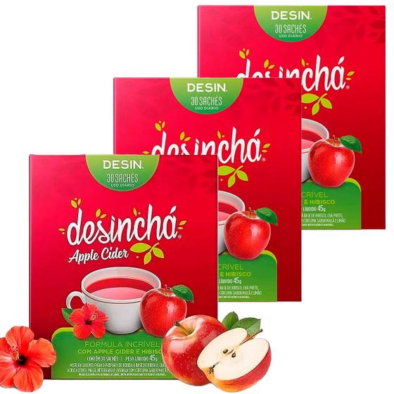 Imagem de Kit 3 Caixas Desinchá Apple Cider e Hibisco Original Suplemento Alimentar Natural Ácido Acético Contém 90 Sachês
