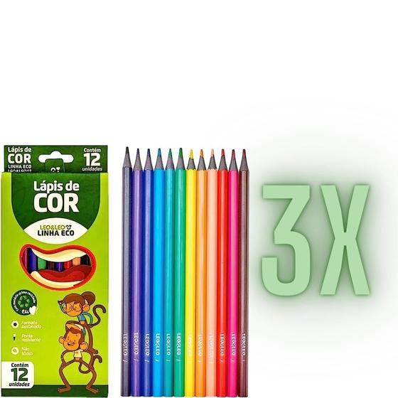 Imagem de Kit 3 Caixas Lápis De Cor 12 Cores Grande Leo Eco Atacado