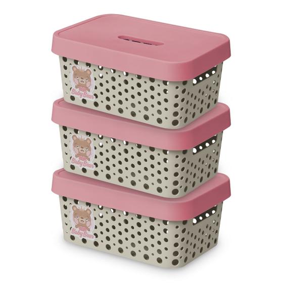 Imagem de Kit 3 Caixas Organizadora Baby Bear Trama Rattan Infantil Pequena 4,5L Rosa Azul - Usual Utilidades