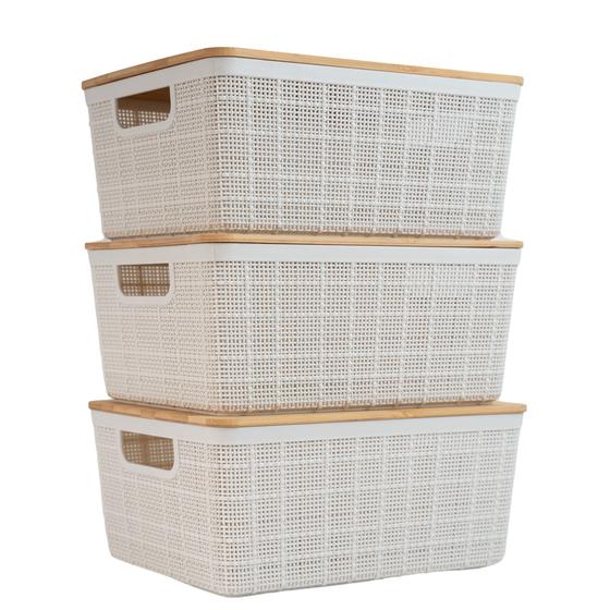 Imagem de Kit 3 caixas organizadoras 4 litros brancas c/ tampa bambu