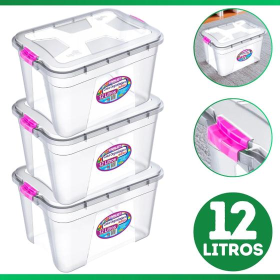 Imagem de Kit 3 Caixas Organizadoras Container 12 Litros C/ Tampa e Trava