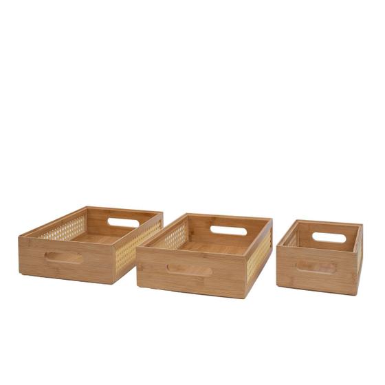 Imagem de Kit 3 caixas organizadoras empilháveis de bambu e palhinha 2 de 32cm e 1 de 24cm - Oikos