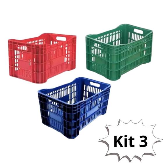 Imagem de  Kit 3 Caixas Plastica Multiuso 46 Litros - Caixa Para Hortifruti Reforçada - Caixa Plástica Empilhável de Supermercado