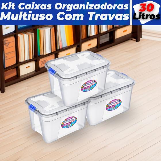 Imagem de kit 3 Caixas Transparente Organizadoras 30 Litros Uninjet Multiuso Com Travas
