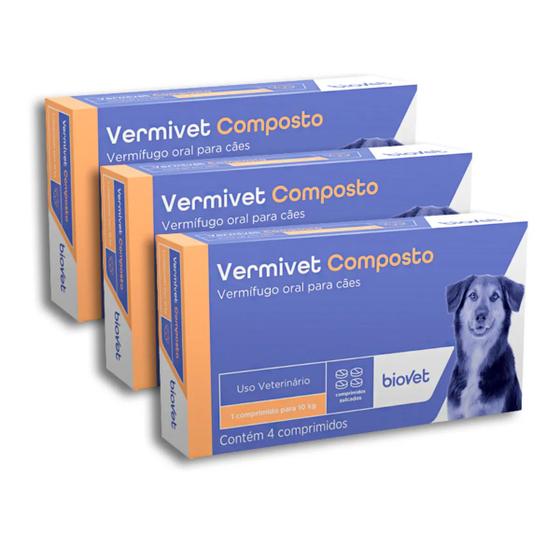 Imagem de Kit 3 Caixas Vermífugo Vermivet Composto - 4 Comprimidos 600mg Cada - Biovet 