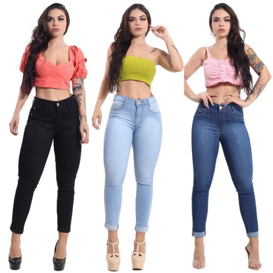 Imagem de Kit 3 Calça Capri Feminina Jeans Com Licra Azul Escuro Liso-Preta-Azul Claro Delaver 22