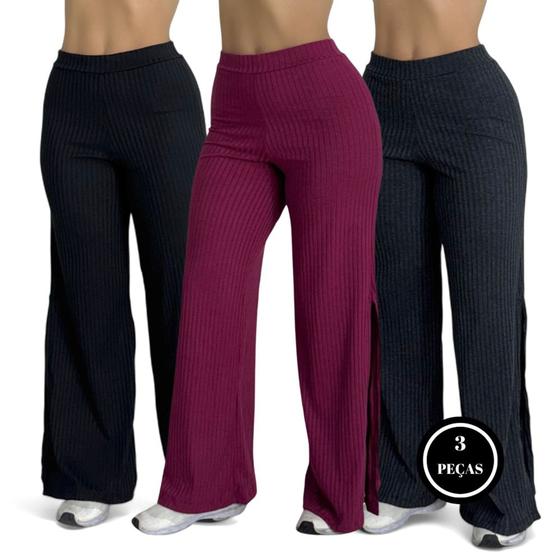 Imagem de Kit 3 Calça Feminina Wide Leg Pantalona Cintura Alta Tecido - c2 KIT 3 ANGÉLICA PRETO VINHO E CINZA