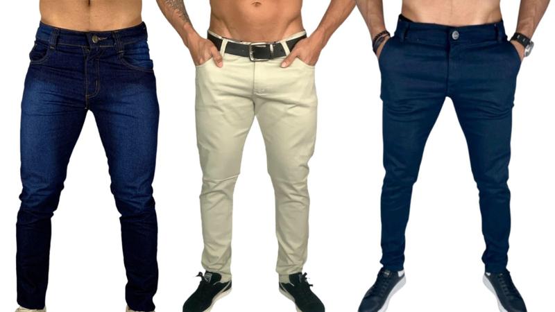 Imagem de Kit 3 calça jeans masculina com elastano slim bege claro azul marinho skinny alfaiataria