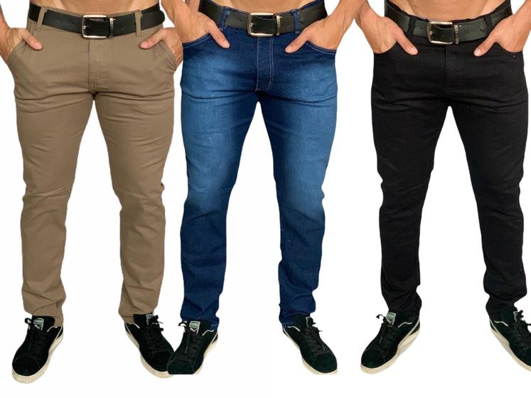 Imagem de Kit 3 calça jeans masculina slim com lycra caqui em sarja Skinny