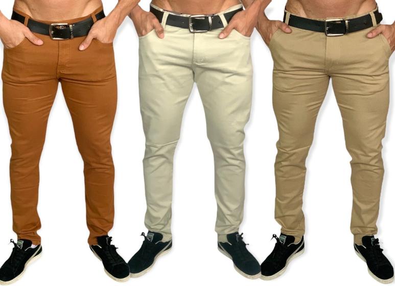 Imagem de Kit 3 calça jeans masculina slim com lycra caqui em sarja Skinny