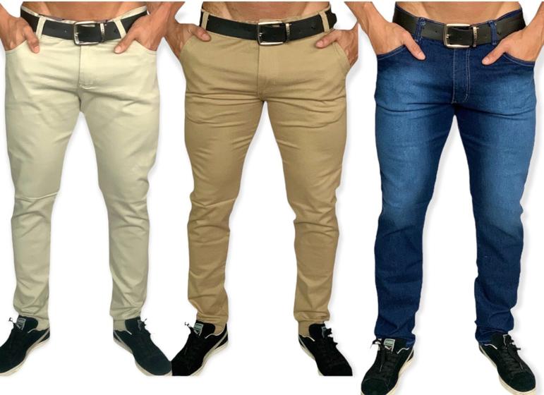 Imagem de Kit 3 calça jeans masculina slim com lycra caqui em sarja Skinny