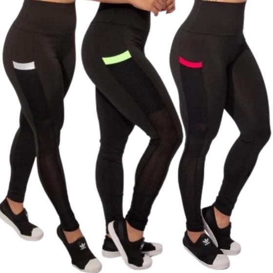 Imagem de Kit 3 Calça Legging Feminina De Academia Com Bolso Lateral Cintura Alta Fitness Zero Transparência