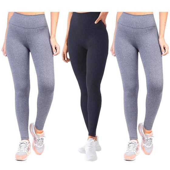 Imagem de Kit 3 Calça Legging Leg Feminina Academia Lisa Preta Cinza Cós alto Empina Bumbum Sem transparencia