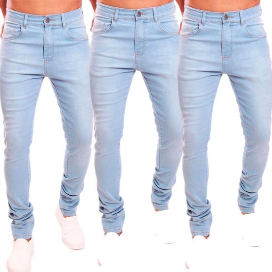 Imagem de Kit 3 calça masculina jeans slim lavagem clara com lycra lisa básica dia a dia Ref: 110