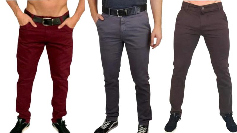 Imagem de Kit 3 calça masculina slim com lycra caqui bordo marrom skinny