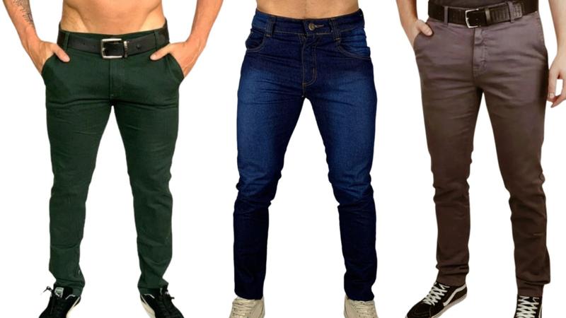 Imagem de Kit 3 calça masculina slim com lycra caqui bordo marrom skinny
