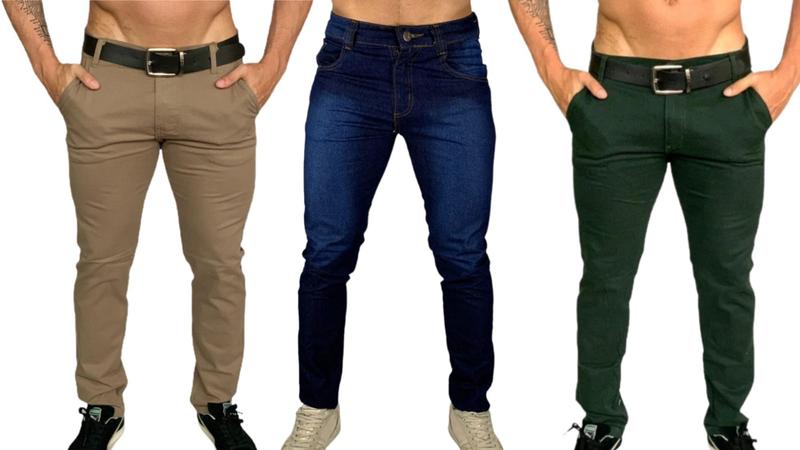 Imagem de Kit 3 calça masculina slim com lycra caqui bordo marrom skinny