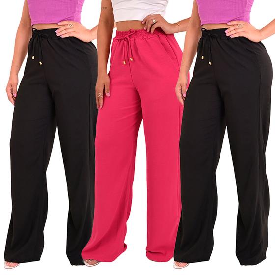 Imagem de Kit 3 Calça Pantalona Feminina Cintura Alta Tendência Larga  Altíssima Qualidade