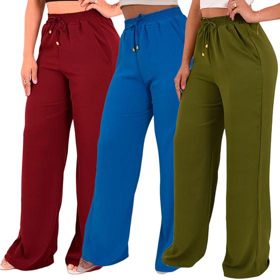 Imagem de Kit 3 Calça Pantalona Feminina Cintura Alta Tendência Larga  Altíssima Qualidade