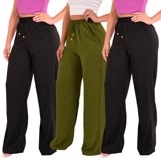 Imagem de Kit 3 Calça Pantalona Feminina Cintura Alta Tendência Larga  Altíssima Qualidade