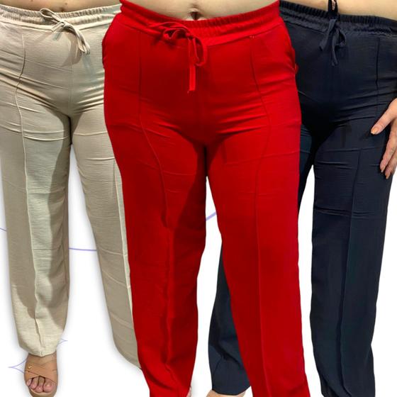 Imagem de Kit 3 Calça Pantalona Feminina Cintura Alta Tendência Larga Altíssima Qualidade