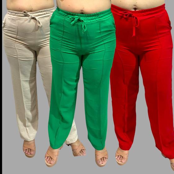 Imagem de Kit 3 Calça Pantalona Feminina forrada Cintura Alta Tendência Larga Altíssima Qualidade