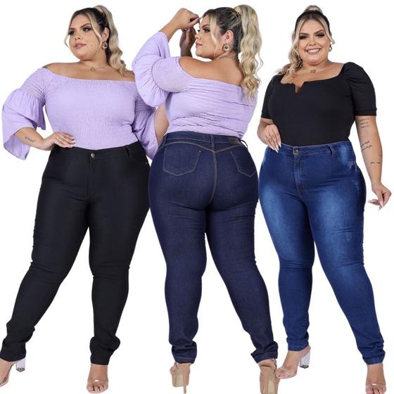 Imagem de Kit 3 Calcas Jeans Feminina Plus Size Cintura Alta Com Lycra elastano envio rápido