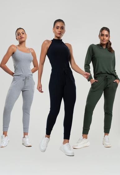 Imagem de Kit 3 Calças  Jogger Comfy Malha Canelada Preta, Verde e Mescla Salvatore Fashion