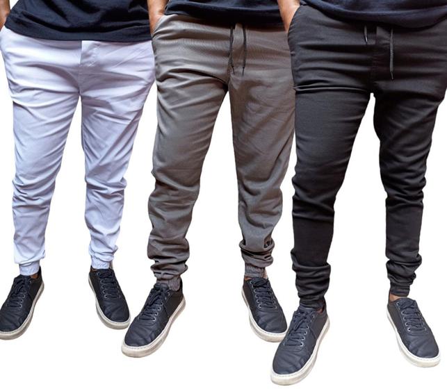 Imagem de Kit 3 calças jogger jeans e sarja  masculino com elastano a pronta entrega varias cores