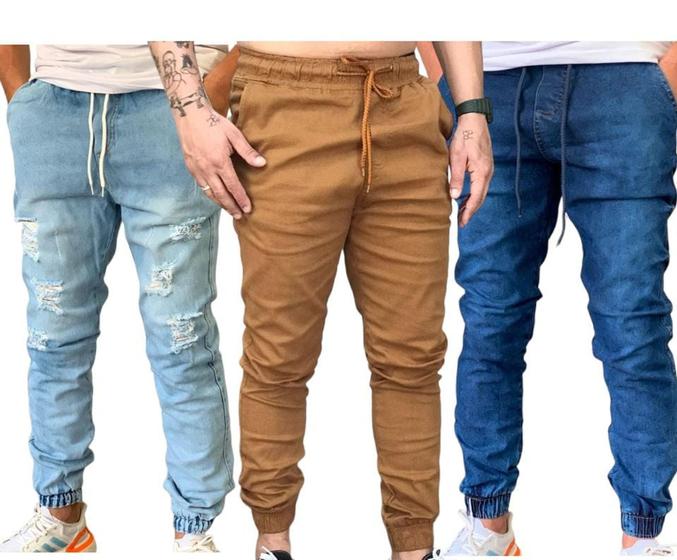 Imagem de Kit 3 Calças Jogger Jeans e Sarja Várias Cores Masculina Linha Premium Slim Fit
