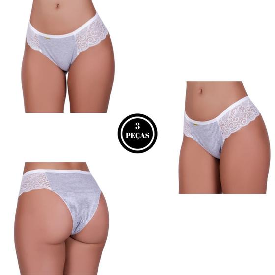 Imagem de Kit 3 Calcinha de Algodao Feminino Tanga Conforto Renda Listrada - c2 KIT 3 CALCINHAS LÍVIA