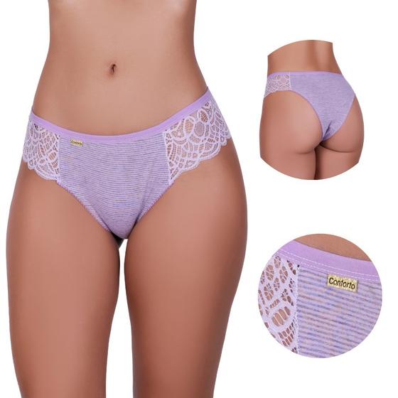 Imagem de Kit 3 Calcinha de Algodao Tanga Conforto Renda Listrada Livia