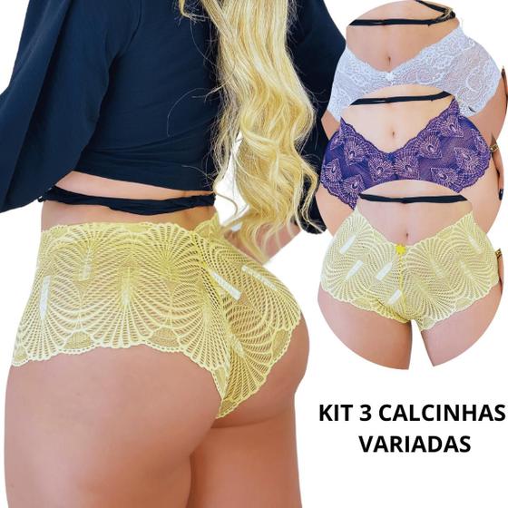 Imagem de Kit 3 Calcinha de Renda Conforto Várias Estampas Premium Sofisticado