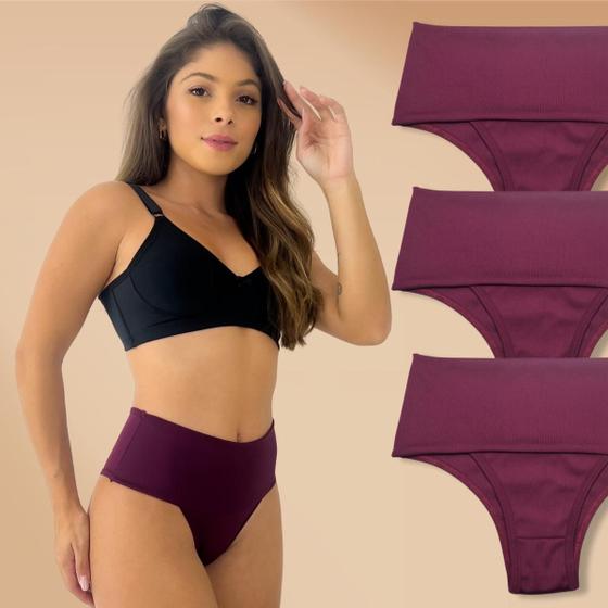 Imagem de Kit 3 Calcinha Feminina Modeladora Cós Alto Vinho Rupee