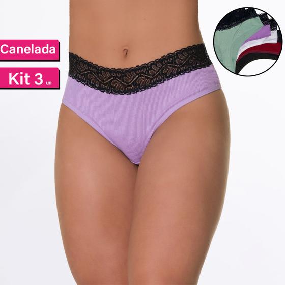 Imagem de Kit 3 Calcinha Fio Canelada Tanga Cintura Rendada Feminino Adulto