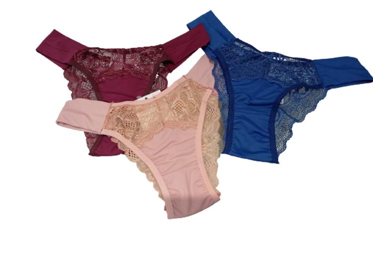 Imagem de Kit 3 Calcinhas Adulto Vanuza Com Renda e Microfibra Azul, Marsala e Rosê