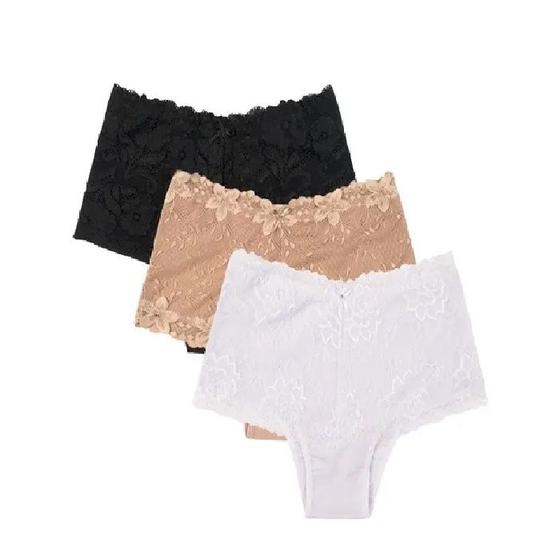 Imagem de Kit 3 Calcinhas Cós Alto Renda Cinta Modeladora Rendada Algodão