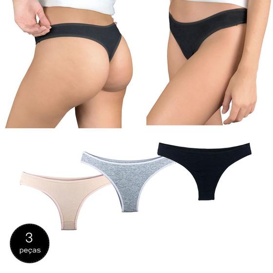 Imagem de Kit 3 Calcinhas Fio Dental Try Basics Algodão Cotton Básica Lisa Moda Lingerie