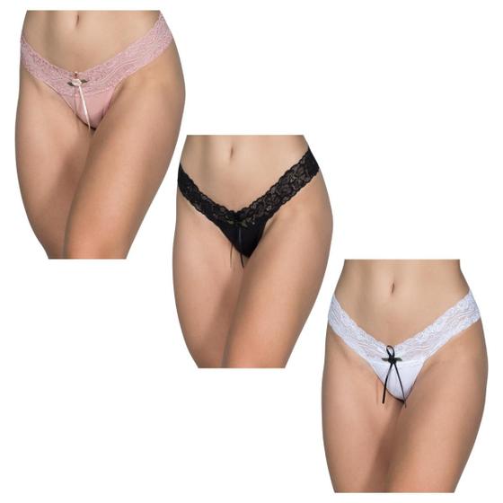 Imagem de Kit 3 Calcinhas Fio Laterais em Renda e Laço Lingerie Tanga