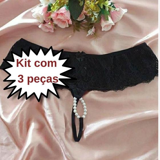 Imagem de Kit 3 calcinhas lingerie de pérolas roupa íntima