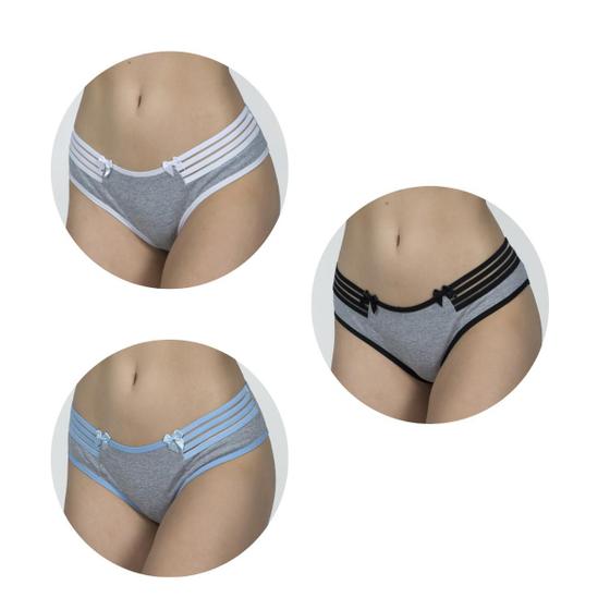 Imagem de Kit 3 Calcinhas Mescla Algodão Lingerie Conforto Tanga Laço