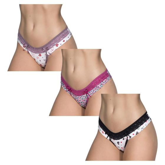 Imagem de Kit 3 Calcinhas Renda Lingerie Microfibra Tanga Confortável