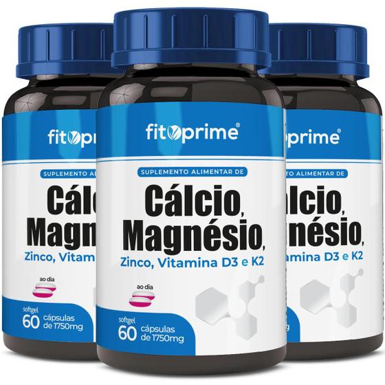 Imagem de Kit 3 Cálcio Magnésio Zinco Vitaminas D3 K2 Com 60 Cápsulas Fitoprime
