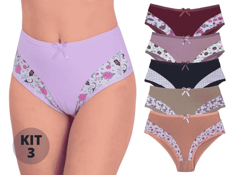 Imagem de Kit 3 Calçolas Cotton Algodão Plus Size Cós Alto Lateral Larga Veste Até 56