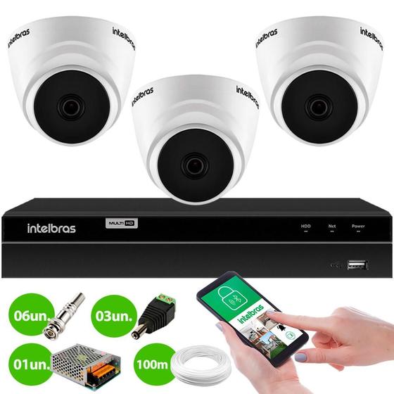 Imagem de Kit 3 Câmeras Dome VHD 1120 D G7 20m de Infravermelho Para Ambiente Interno + DVR Gravador de Video Inteligente Intelbras MHDX 1204 4 Canais H.265+