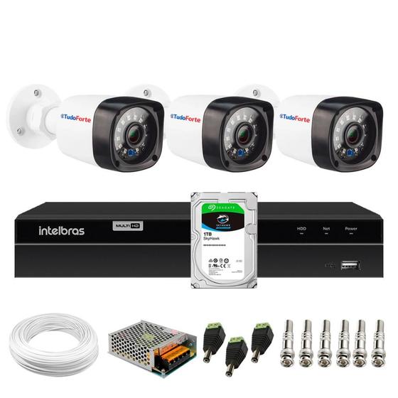 Imagem de Kit 3 Câmeras Full HD 1080p 2MP Bullet 20 Metros Infravermelho Tudo Forte + DVR Gravador de Video Inteligente Intelbras MHDX 1204 4 Canais + HD 1TB