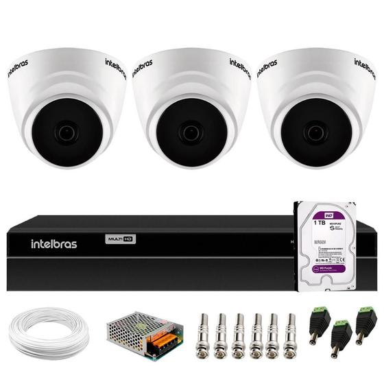 Imagem de Kit 3 Câmeras Intelbras VHD 1120 Dome G7 HD 720p, Lente 2.8mm, Visão Noturna 20M + DVR Intelbras MHDX 1204 4 Canais + HD 1TB