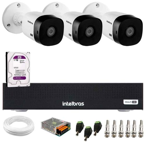Imagem de Kit 3 Câmeras Intelbras VHL 1220 B G2 Bullet Full HD 1080p Visão Noturna 20m IP66 + DVR Intelbras MHDX 3004-C 4 Canais + HD 1TB Purple