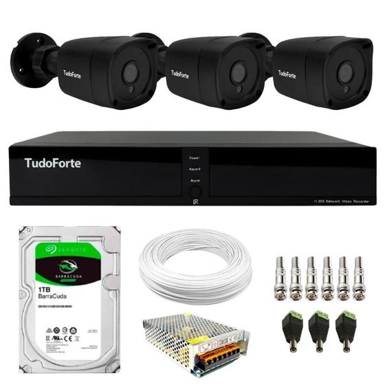 Imagem de Kit 3 Câmeras Tudo Forte TF 1220 B Black Full HD 1080p Bullet Visão Noturna 20M Proteção IP66 + DVR Tudo Forte TFHDX 3304 4 Canais + HD 1TB BarraCuda